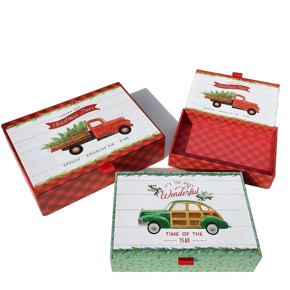 Punch Studio Fresh Cut Xmas Trees Vintage Trucks Cigar Nesting Boxes (61885) 3ct